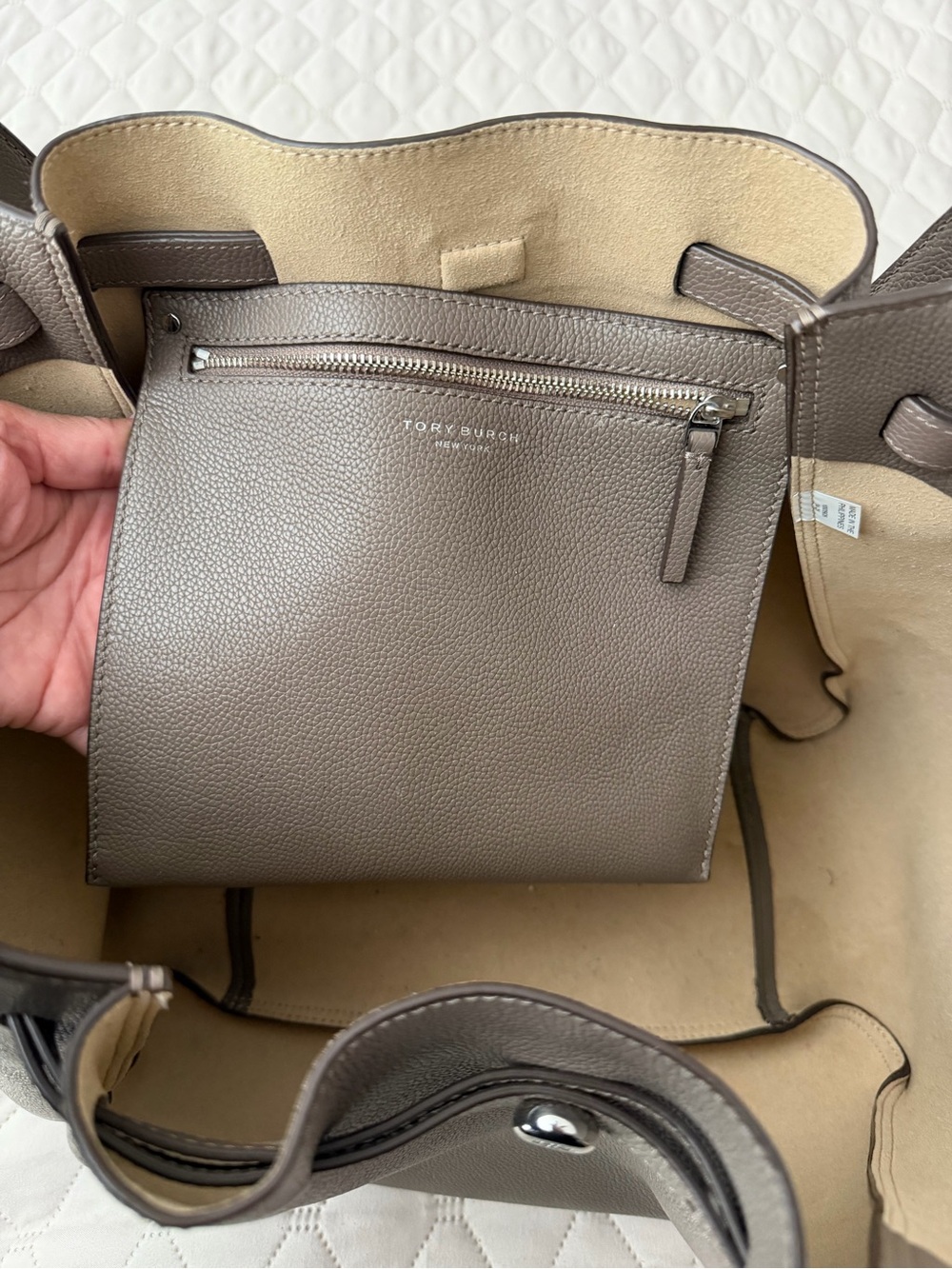Tory Burch Pebbled Leather Tote in Taupe Gray - Picture 3 of 8